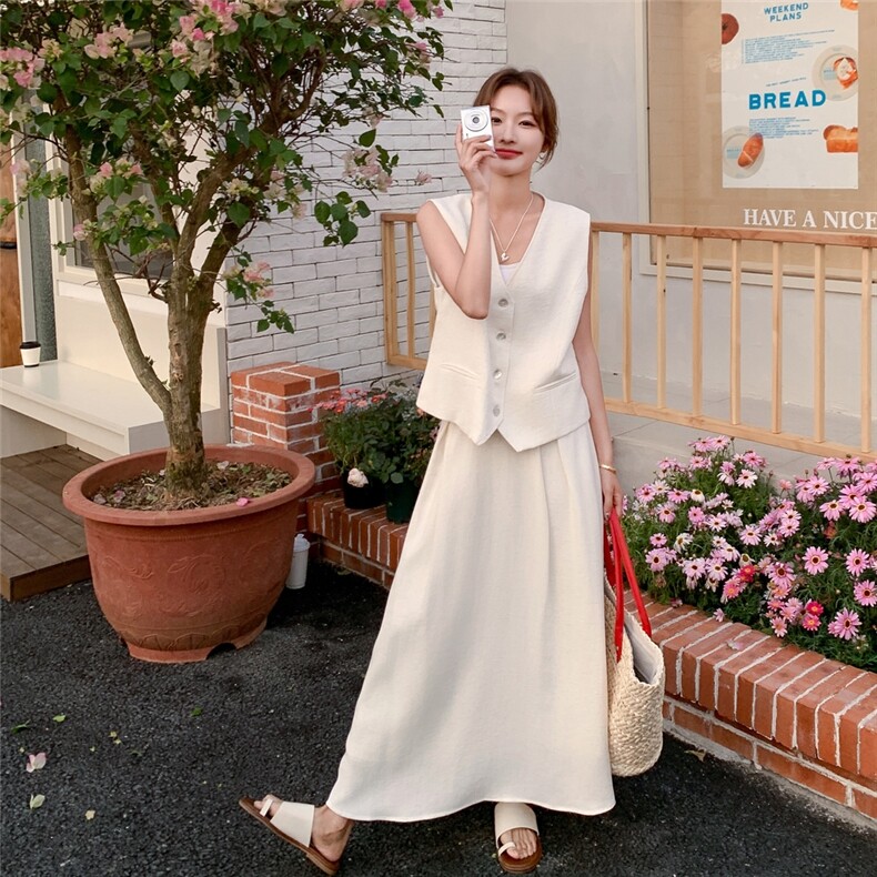 轻熟风穿搭米白色马甲套装女夏季新款高级感显瘦气质半身裙两件套,女装套装/套裙,2C272