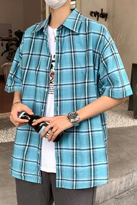 21年夏季短袖衬衫男宽松落肩港风格子衬衫男DS-C407-CS307-P35图片