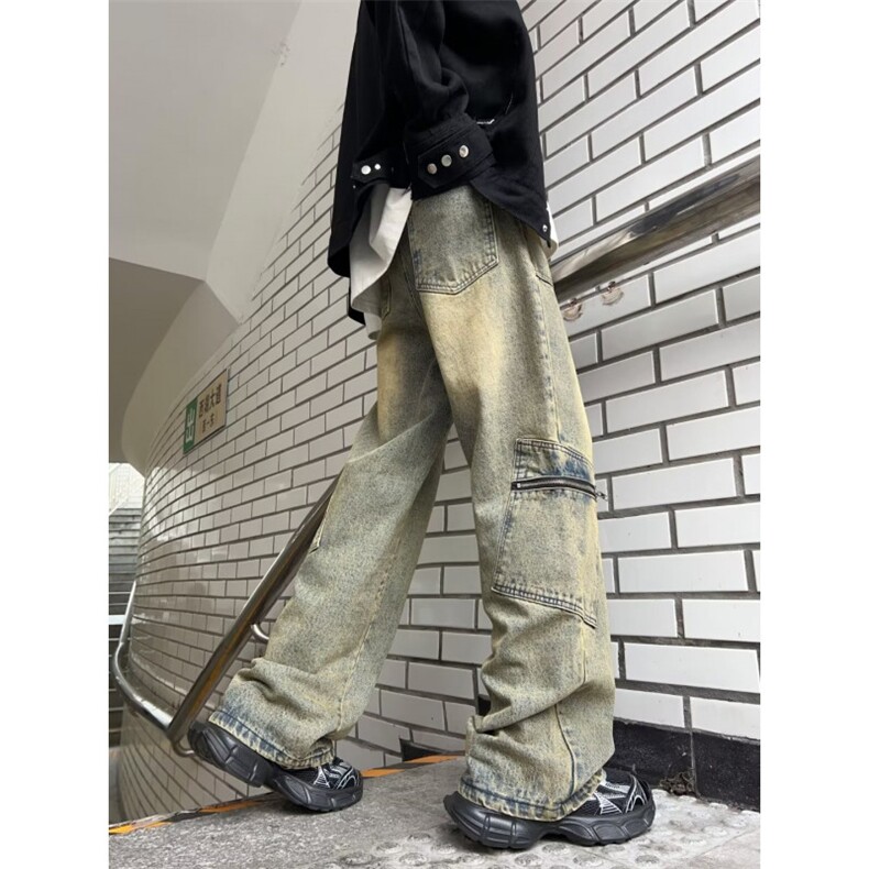 美式工装牛仔裤男拉链口袋黄泥染宽松直筒痞帅阔腿裤XN806-P52,男装牛仔裤,星座1001-1
