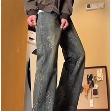 复古高街牛仔裤男春秋新款潮牌排扣设计感美式直筒微喇裤子，男装牛仔裤，星座506A