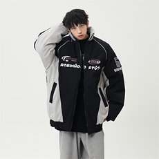 港风美式字母印花拼色立领保暖棉服外套男XZ213-MF08-P90控148，男装棉衣，星座213