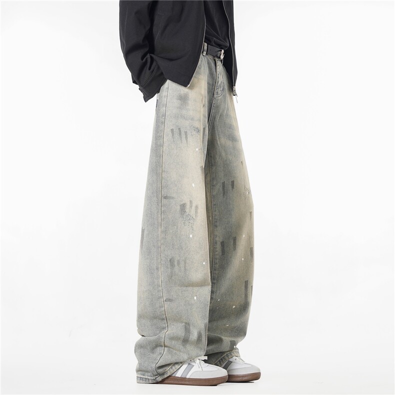 D801复古水洗做旧灰色泼墨弯刀牛仔裤男女潮牌美式街头宽松裤子，男装牛仔裤，星座308A-1（原309B-1）