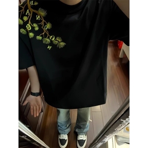 美式复古罗汉松刺绣短袖t恤男新款夏季街头cleanfit半袖 T3057图片