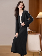 秋装2025年新款v领提花针织开衫长款及地高腰a字大摆半身裙两件套，女装羊毛衫，艾米