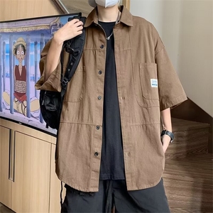 工装短袖衬衫男夏季2024新款日系复古五分袖衬衣ins潮牌休闲上衣图片