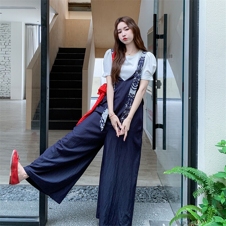 复古设计感拼色印花背带裤女夏季2025薄款小个子显瘦阔腿连体裤，女装连体裤，浙宝276（原081）