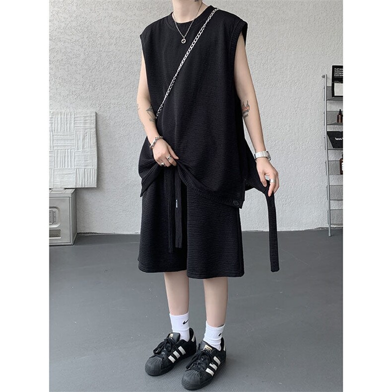 TZ790-特P50控88夏T恤下摆半拉链冰感冰丝速干大码无袖短裤套装，男装休闲套装，电商A059