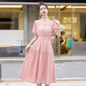 时尚气质优雅短袖连衣裙女2025夏季新款收腰显瘦休闲长裙图片