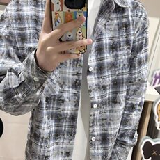 新款流行灰色扎染格子衬衫男夏季原宿气质慵懒文艺insCS38，男装衬衫，星座1116A（原606A-3）