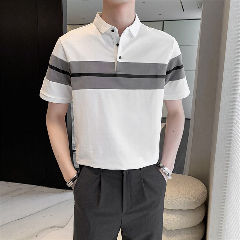 轻熟风青年条纹撞色拼接翻领Polo衫短袖体恤PL15/P50特控68，男装T恤，电商A243