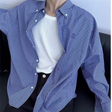 新款美式logo刺绣宽松格子长袖衬衫男女款复古衬衣，男装衬衫，星座410-7
