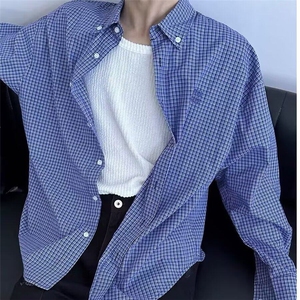 新款美式logo刺绣宽松格子长袖衬衫男女款复古衬衣图片