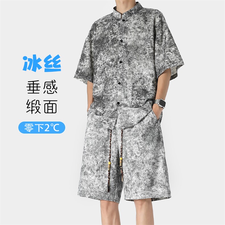 特批P70无差价夏季新中式缎面冰丝印花两件套装男CD1918+DK2188图片