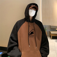 2025港风咖啡厅春款撞色插肩袖连帽卫衣WY650P58控78，男装卫衣，电商A247