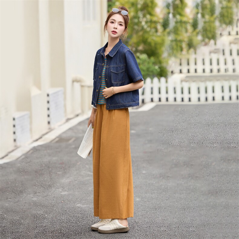 复古短袖牛仔短袖衬衫套装女2025夏新款时尚条纹吊带阔腿裤三件套,女装套装/套裙,采品优优