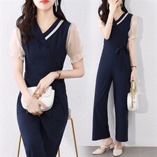 新款夏季淑女气质穿搭时尚洋气时髦显瘦阔腿连体连衣裤套装女纱网，女装连体裤，韩蔻秀