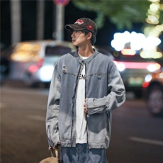 春秋季美式街头渐变破洞夹克男款须边新款拉链设计感牛仔外套，男装夹克，星座410-7