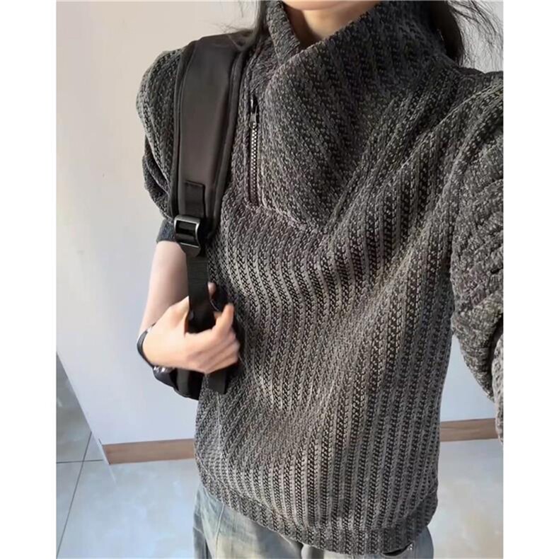 高品质春装新款老钱风美式高街鱼骨纹斜拉链解构高领卫衣长袖t恤,男装T恤,电商A486-1