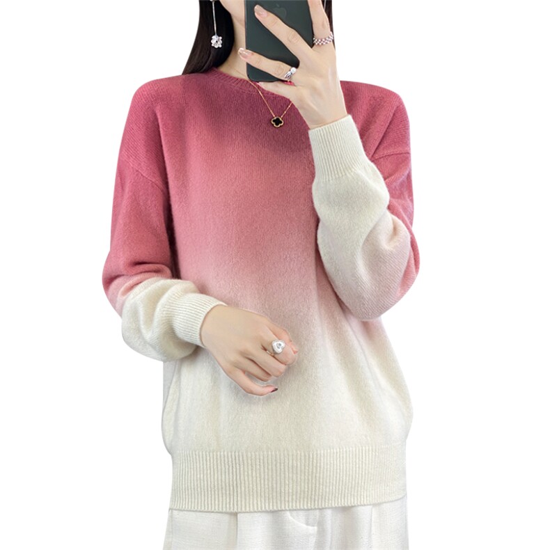 秋冬新款100%纯羊毛衫女圆领渐变色羊绒衫套头针织衫慵懒宽松毛衣,女装羊毛衫,片语羊绒