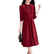 现货-新品】春装新款连衣裙2024年高腰红色气质旗袍长袖中长款裙，女装连衣裙，仁梯