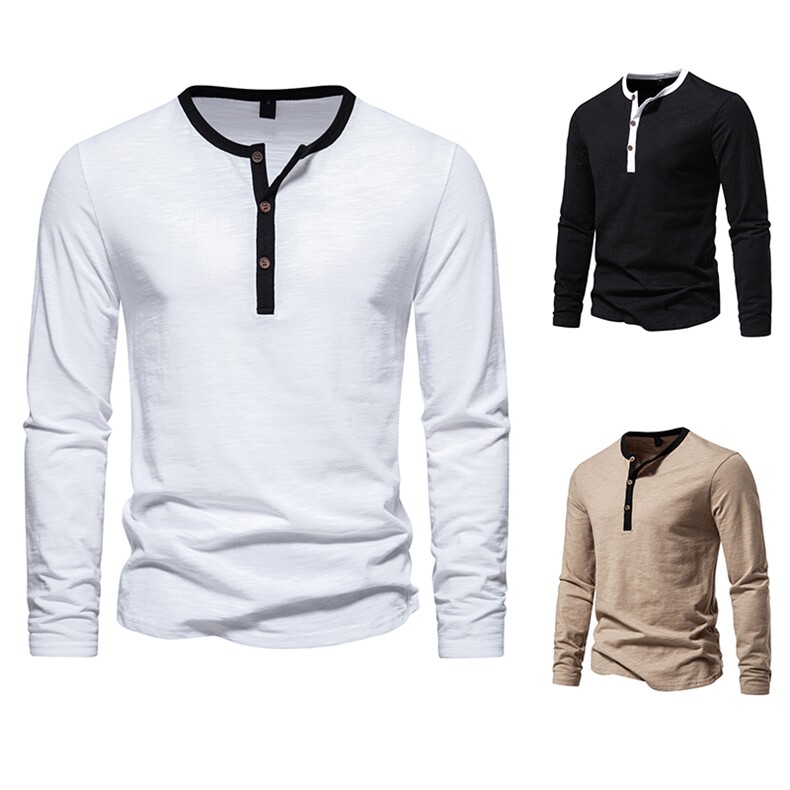 男士拼色亨利领长袖T恤D35，男装T恤，星座1314