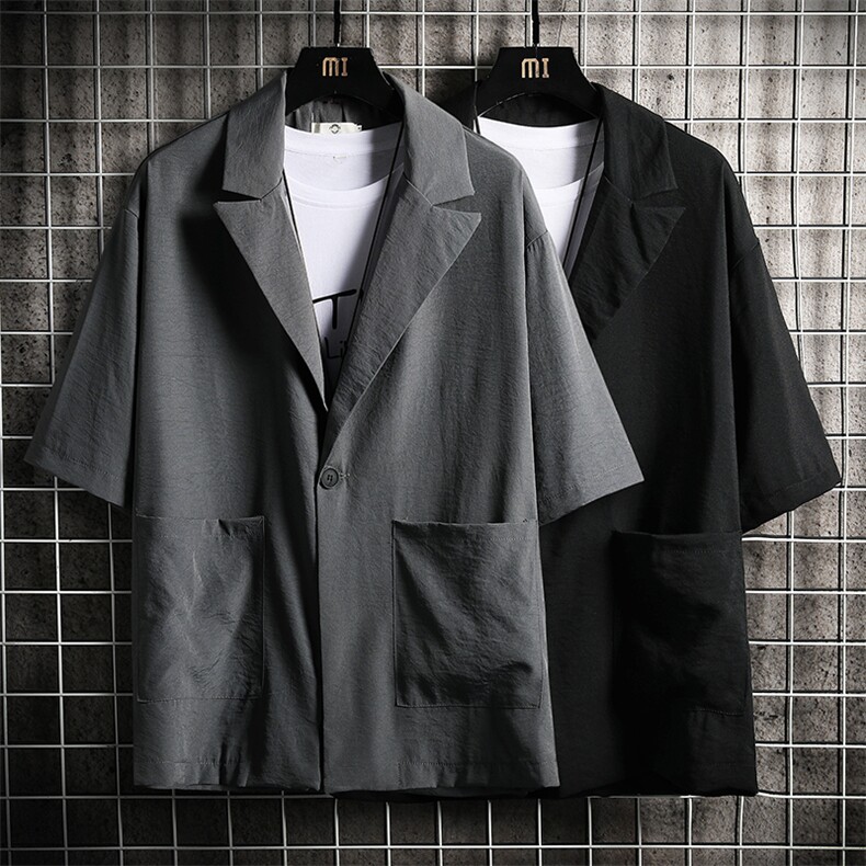 A119-P50七分袖西装男大码宽松五分袖小西服网格挂拍,男装西服,电商A040A