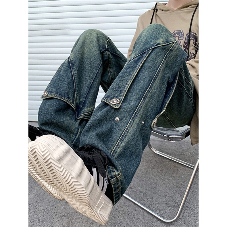 B221美式ins高街暗黑拼接直筒工装牛仔裤LK24147-P70控98,男装牛仔裤,电商B221