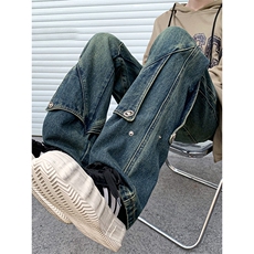 B221美式ins高街暗黑拼接直筒工装牛仔裤LK24147-P70控98，男装牛仔裤，电商B221