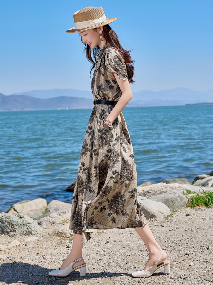 年轻妈妈夏装连衣裙2025新款中老年女装贵夫人夏季印花收腰裙子,女装连衣裙,简古