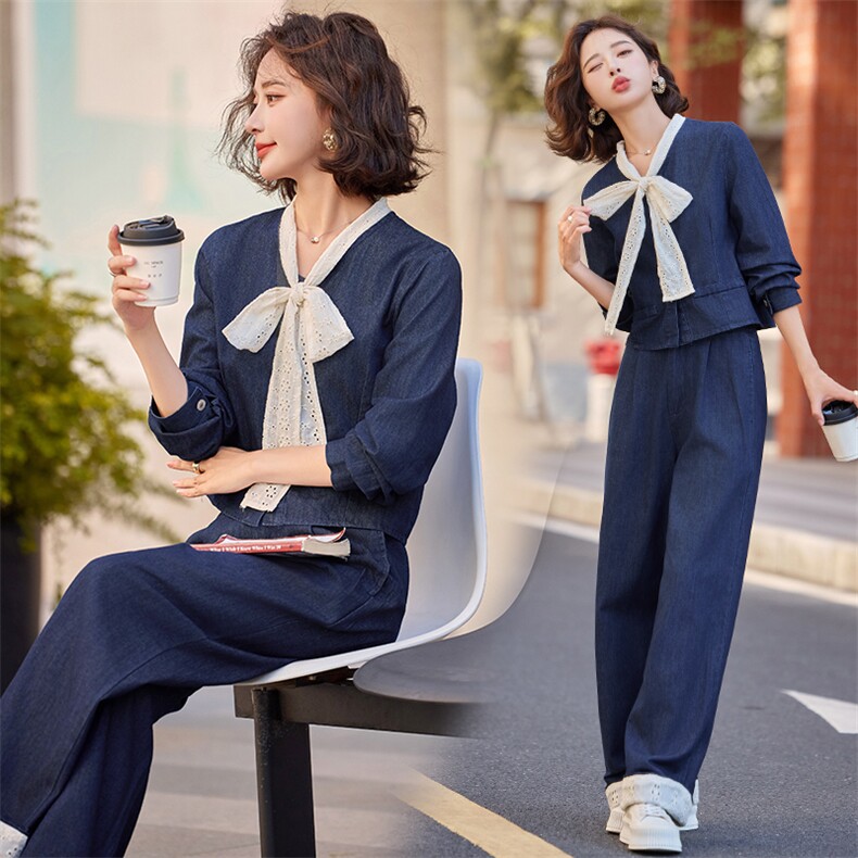 早秋穿搭一整套蝴蝶结牛仔套装女2024新款高腰小香风阔腿裤两件套,女装套装/套裙,橙子家