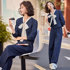 早秋穿搭一整套蝴蝶结牛仔套装女2024新款高腰小香风阔腿裤两件套，女装套装/套裙，橙子家
