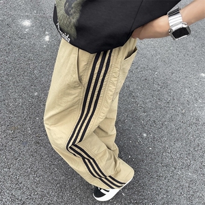 美式复古条纹拼接速干裤夏季薄款男裤子宽松bf慵懒风hiphop休闲裤图片