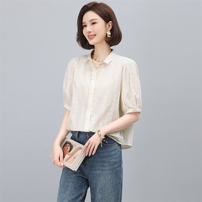全棉衬衫女短袖夏季2025新款高级感轻奢减龄洋气小衫妈妈刺绣上衣,女装蕾丝衫/雪纺衫,多彩