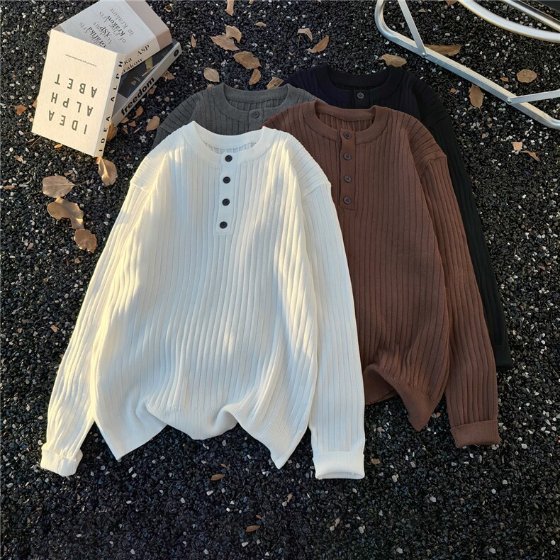 港风秋款男坑条肌理亨利领毛衣圆领针织衫宽松外套M100P45，男装针织衫/毛衣，星座1013-1