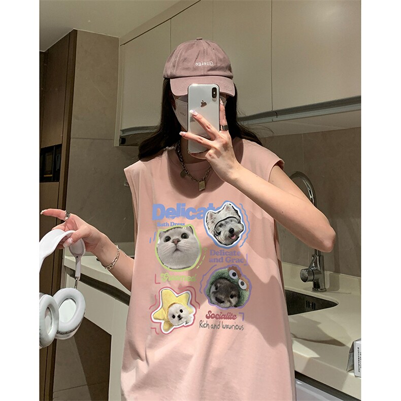 美式无袖T恤男夏季薄款慵懒风小猫咪印花背心青少年运动大码坎肩,男装背心/马甲,电商A102B