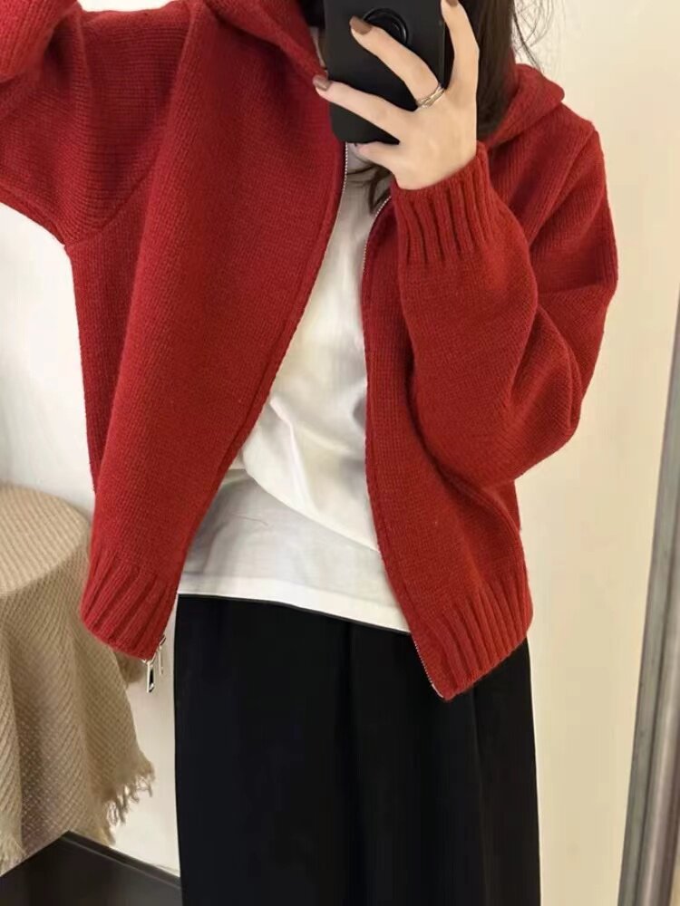 短款连帽开衫女春秋新款宽松外穿长袖套头毛衣外套,针织衫/毛衣,半城羊绒