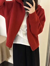 短款连帽开衫女春秋新款宽松外穿长袖套头毛衣外套，女装针织衫/毛衣，半城羊绒