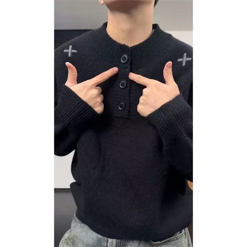 复古亨利领针织男纽扣毛衣慵懒风十字架刺绣上衣情侣款CX527P50，男装针织衫/毛衣，电商D256-3(原A064-3)