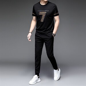 夏季冰丝短袖运动套装男士薄款大码休闲套装潮流T恤上衣裤子,男装休闲套装,电商B212（原钱塘6029）