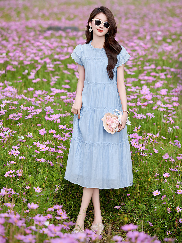 wynn256392法式木耳边飞飞袖连衣裙女甜美减龄中长裙2025夏连衣裙,女装连衣裙,丽美静依