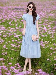 wynn256392法式木耳边飞飞袖连衣裙女甜美减龄中长裙2025夏连衣裙图片