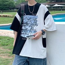 数据！设计感拼接撞色短T恤夏季宽松休闲男上衣XT228-P45控68，男装T恤，电商B370