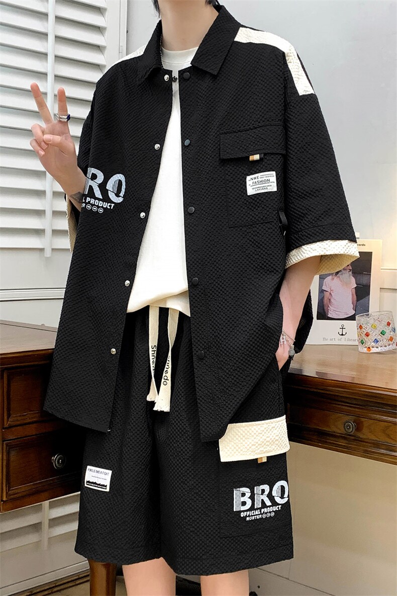 夏季潮流玉米格开衫宽松短袖衬衣短裤帅气港风套装A436-D219-P60,男装休闲套装,电商A436