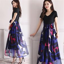 套头高腰圆领短袖中长款印花大摆2022年夏季连衣裙，女装连衣裙，时尚俏佳人