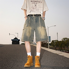 美式破坏风牛仔短裤男夏季青少年高街宽松直筒五分裤DK01139-P40，男装牛仔裤，星座308B-1
