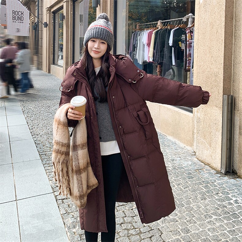 韩版时髦保暖长款羽绒服女2025年冬季新款显瘦保暖连帽白鸭绒外套,女装羽绒服,2C236