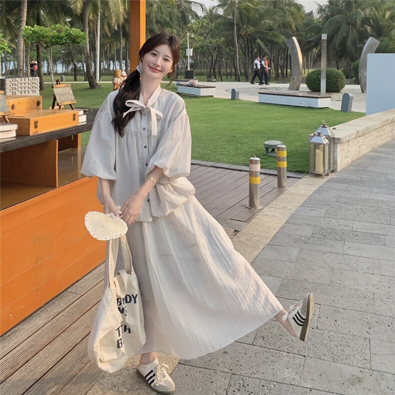 2025春夏新韩版系带泡泡袖小衫半身裙套装女氛围感穿搭洋气两件套,女装套装/套裙,2C110
