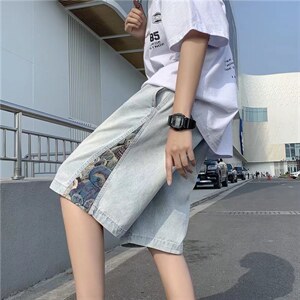 复古侧边拼接牛仔短裤男生宽松潮流夏季刺绣痞帅五分裤N1681-P40图片
