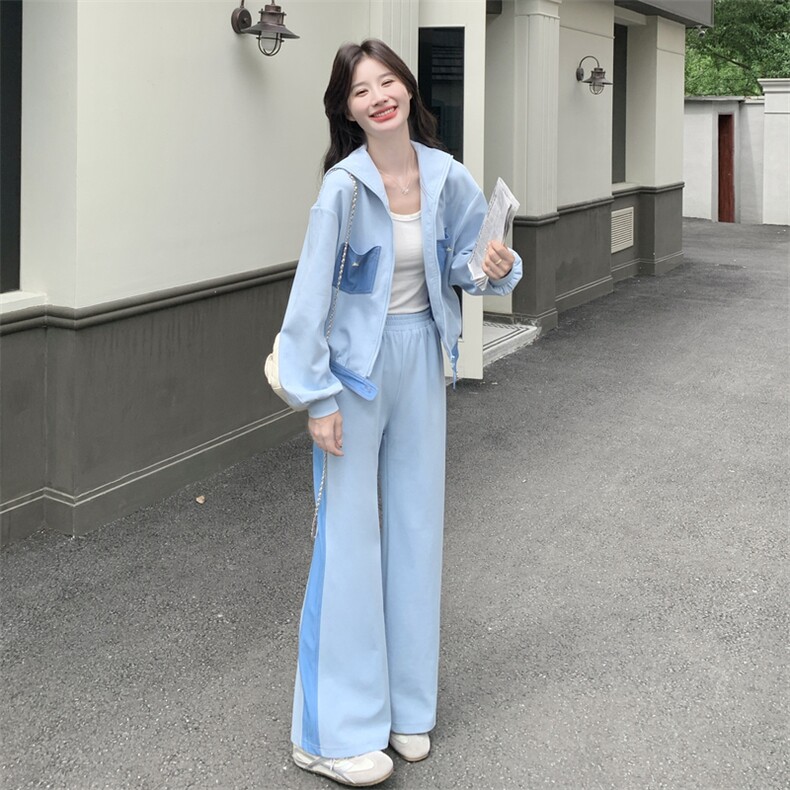 蓝色学院风休闲运动套装女秋2025新款显瘦连帽开衫卫衣卫裤两件套,女装套装/套裙,2C198