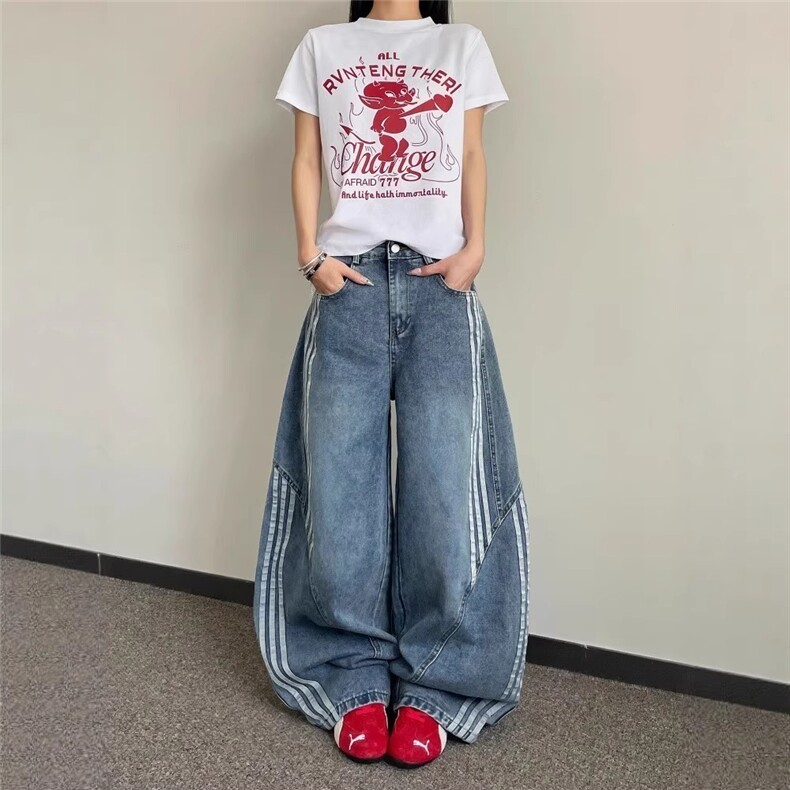 美式条纹弯刀阔腿牛仔裤男女秋季街头宽松百搭拖地长裤AMG206 P56图片
